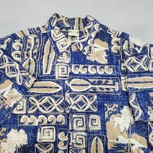 Go Barefoot Hawaiian Shirt Blue Button Down Canoe Waves Palm Men's Sz XL